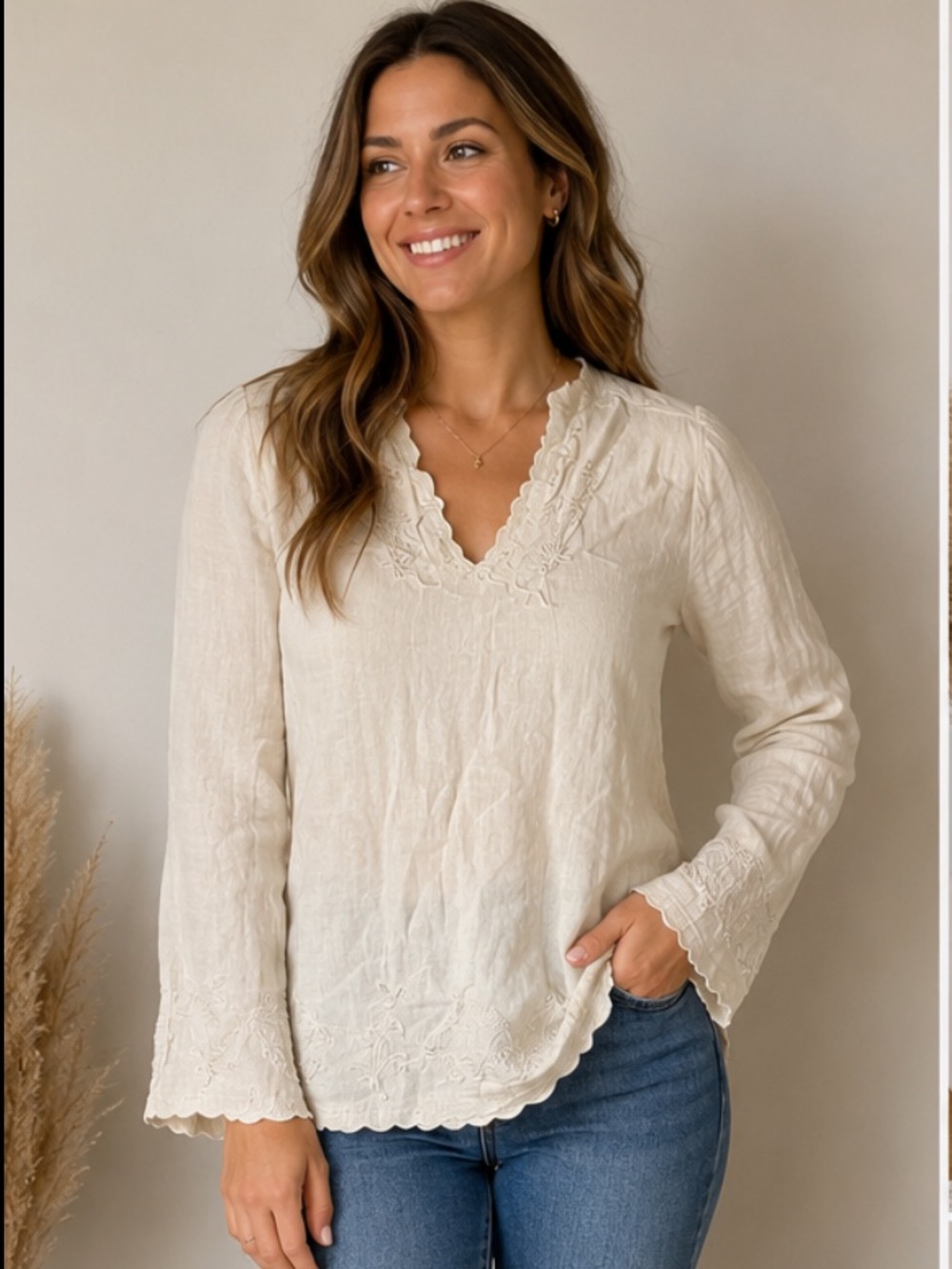 Women’s Bohemian blouse, High Sierra Cream Lace-Trim V-Neck Blouse